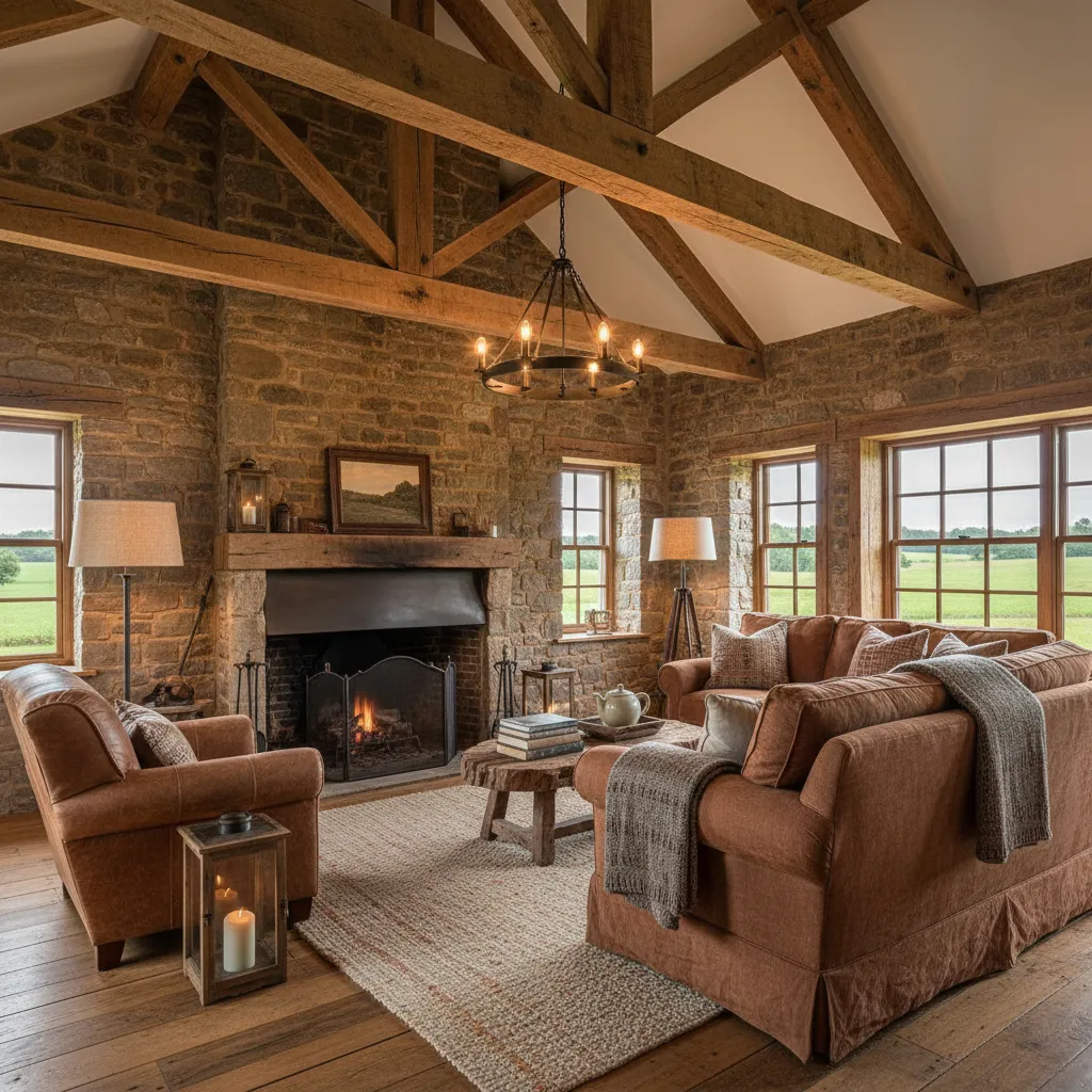 Salón de casa rural con vigas de madera y pared de piedra