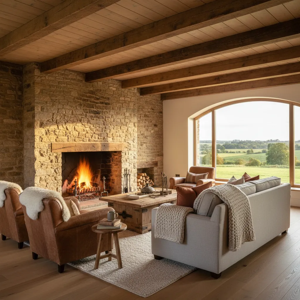 Living room with stone fireplace wooden beams sofa leather chairs coffee table and large window