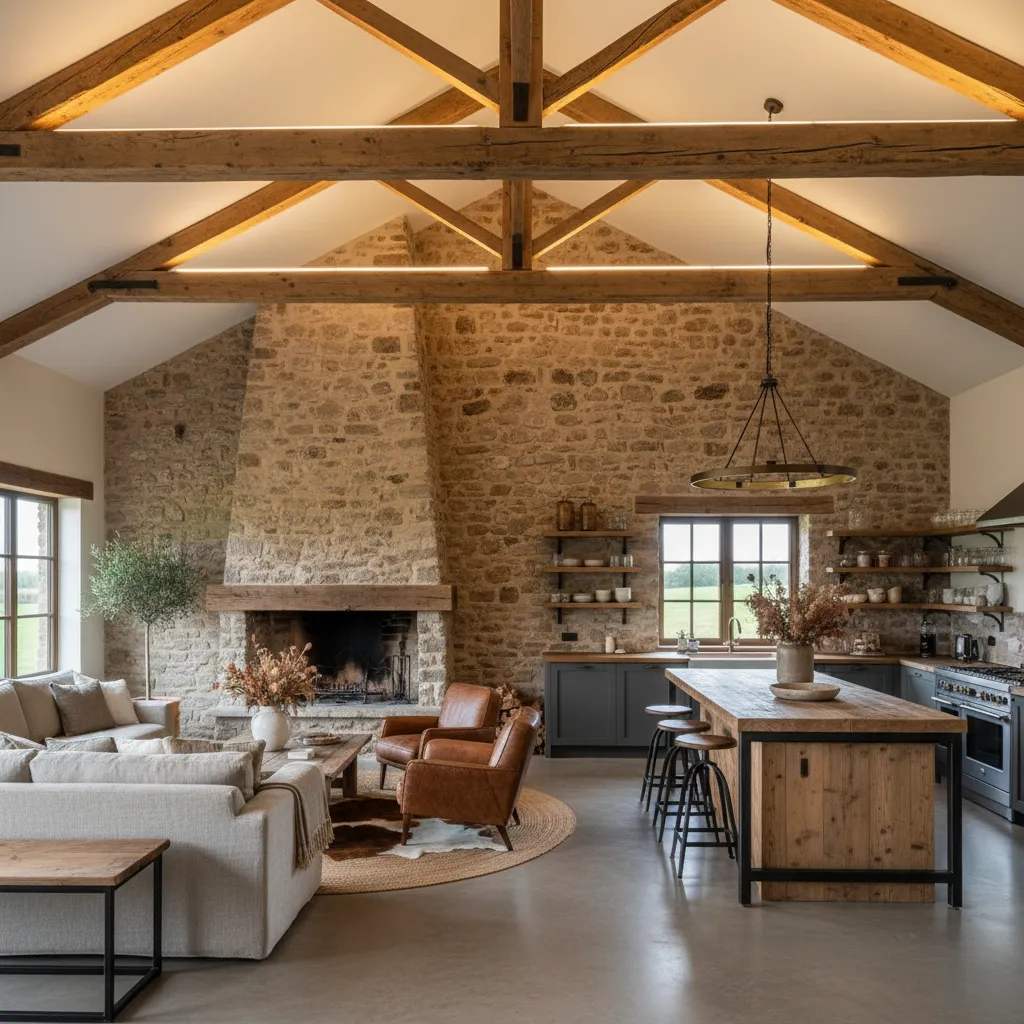 Salón abierto de una casa rural reformada con cocina integrada