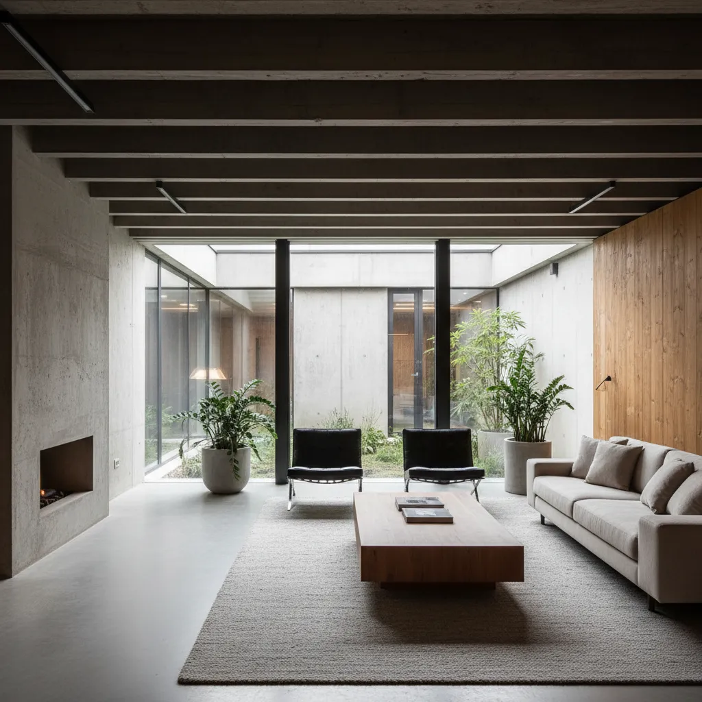 Sala de estar moderna en vivienda enterrada con luz natural