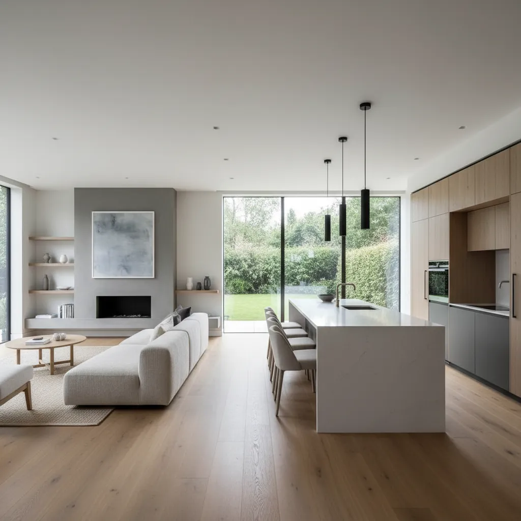 Salón moderno con cocina abierta en una casa de una planta