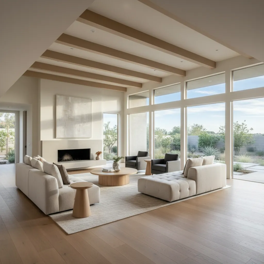 Salón amplio en casa moderna de una planta