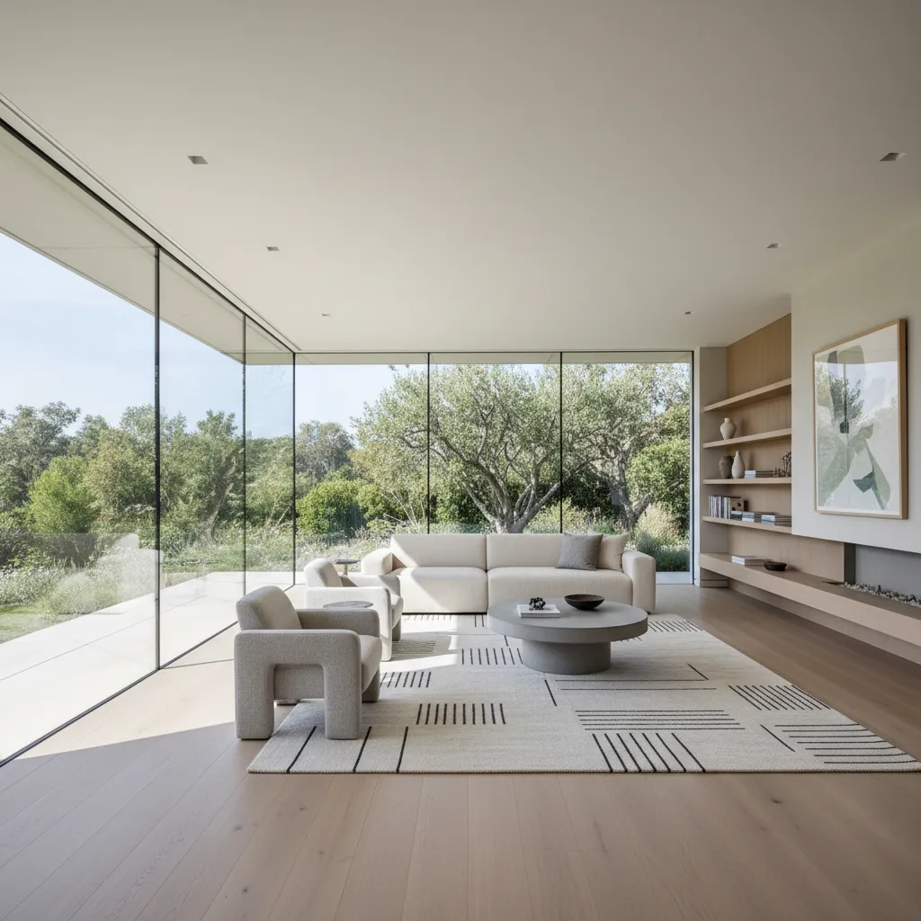 Minimalist living room with white sofa grey chairs coffee table and large windows showing trees
