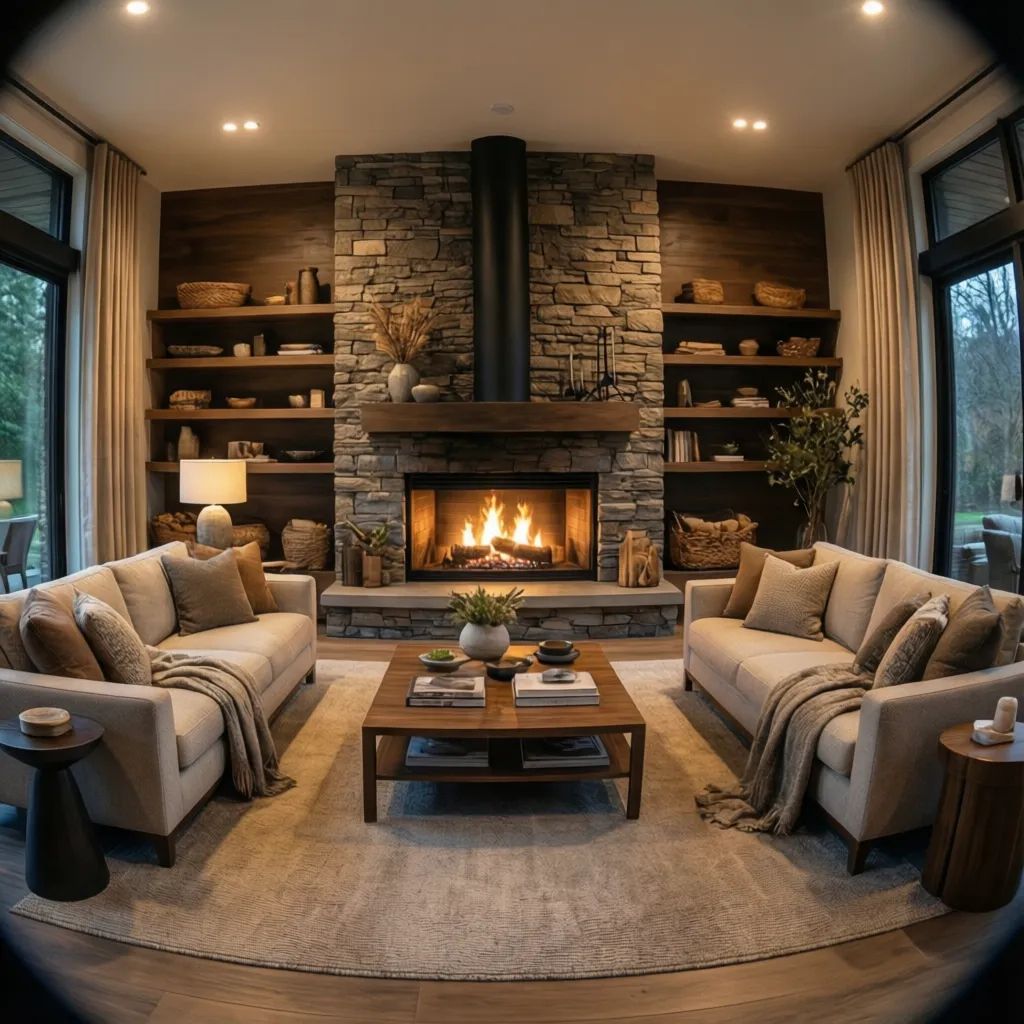 Salón con chimenea moderna que actúa como punto focal