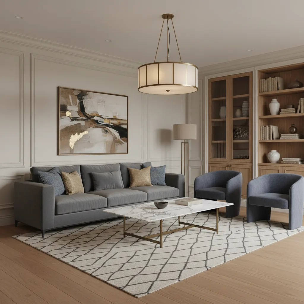 Salón equilibrado con arquitectura clásica y muebles contemporáneos