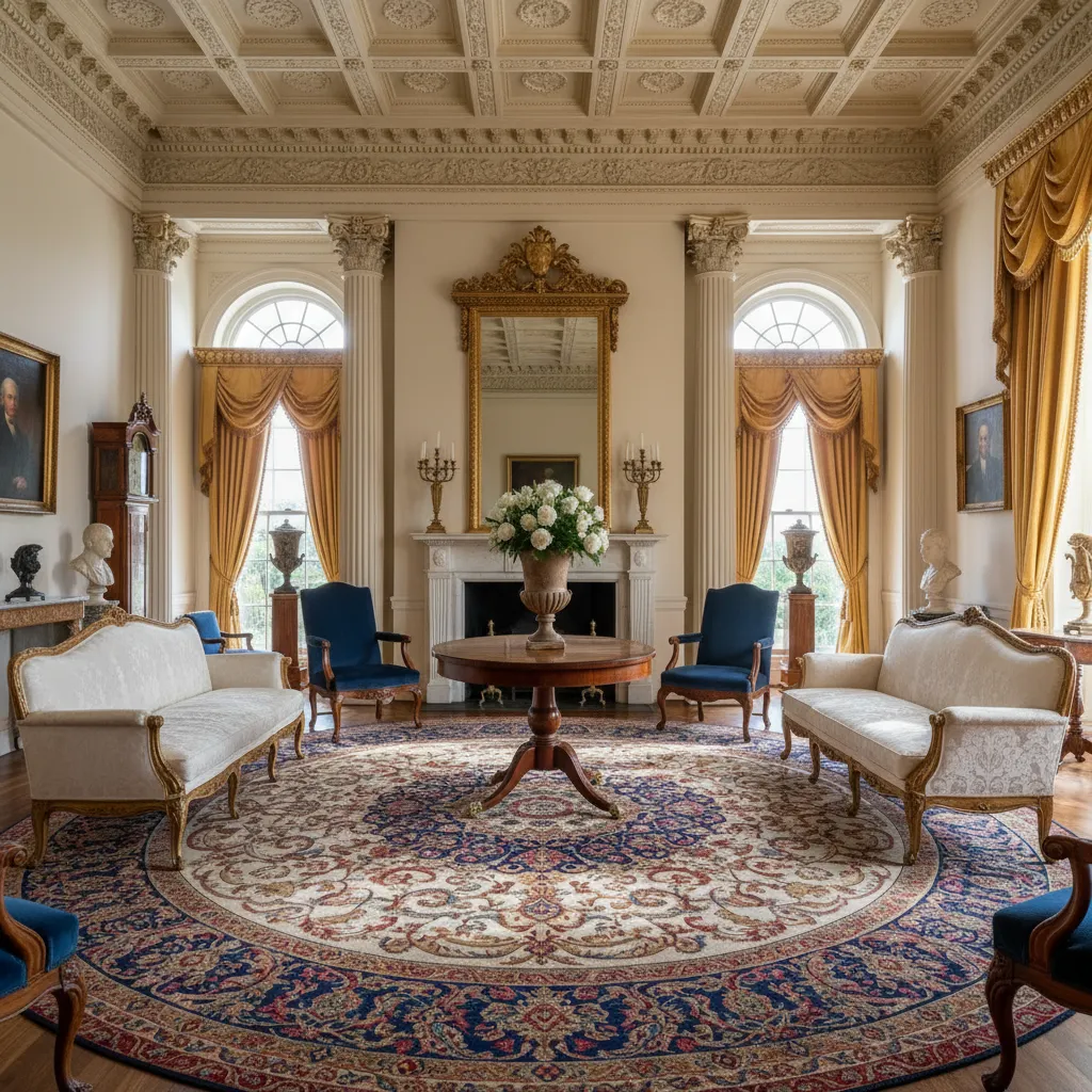 Classic living room with white sofa plus blue chairs and round rug under ceiling lights