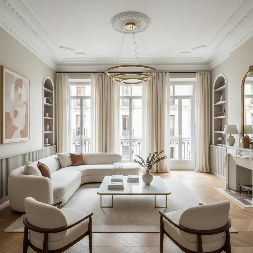 Salón con mezcla de arquitectura clásica y mobiliario moderno