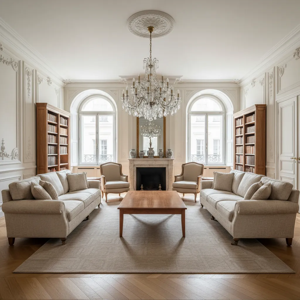 Bright living room with ceiling light wooden table two sofas two armchairs bookshelves and windows
