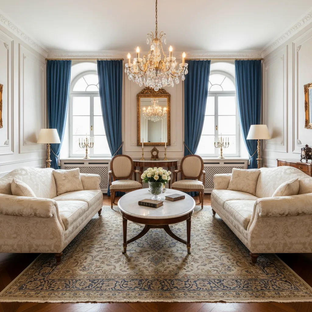Salón clásico con distribución simétrica y muebles elegantes