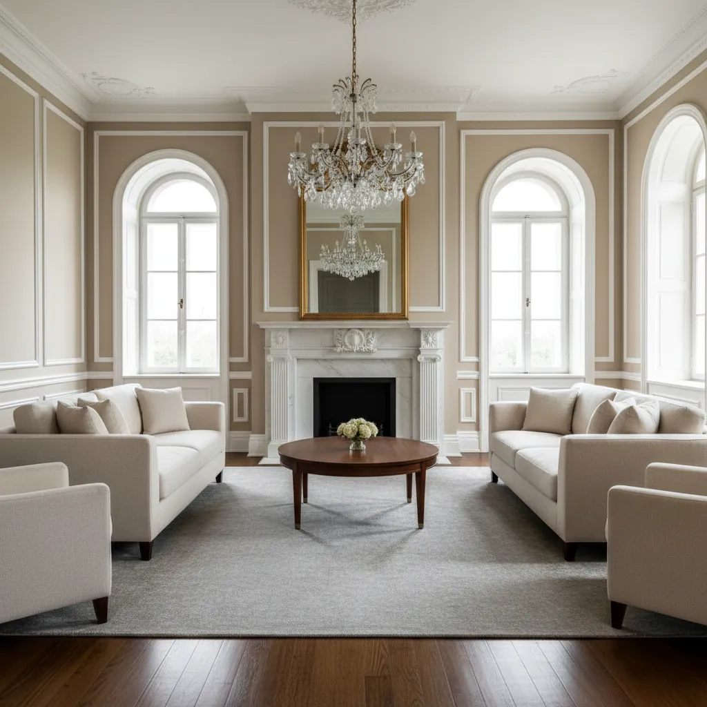 Salón clásico con diseño simétrico, chimenea central y muebles equilibrados