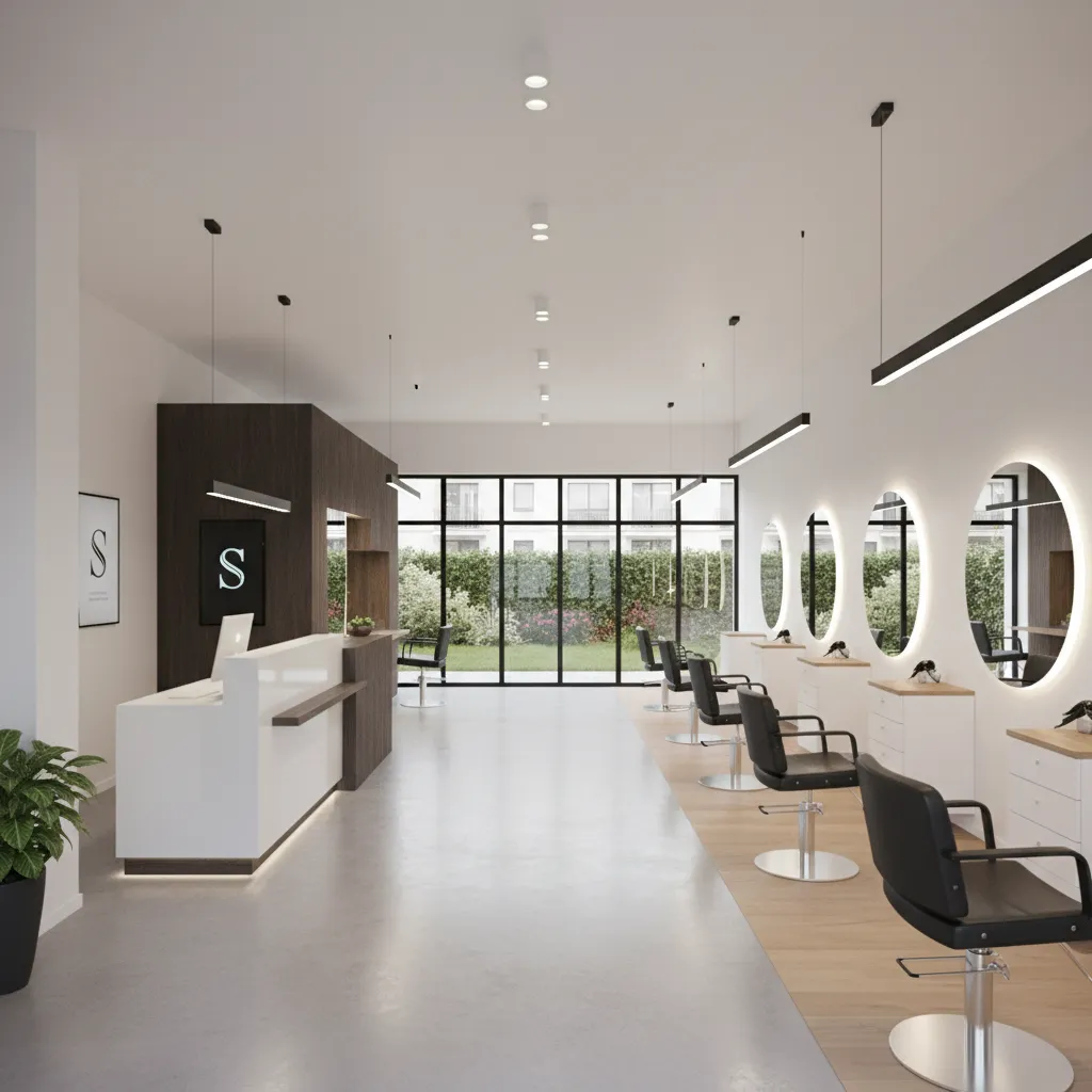 diagram style salon interior showing clear client circulation path from reception to styling stations