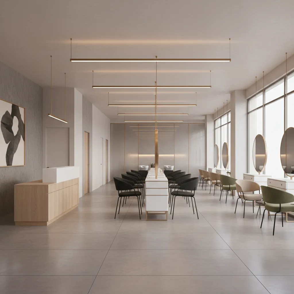 hair salon interior with clear entrance reception and styling area layout