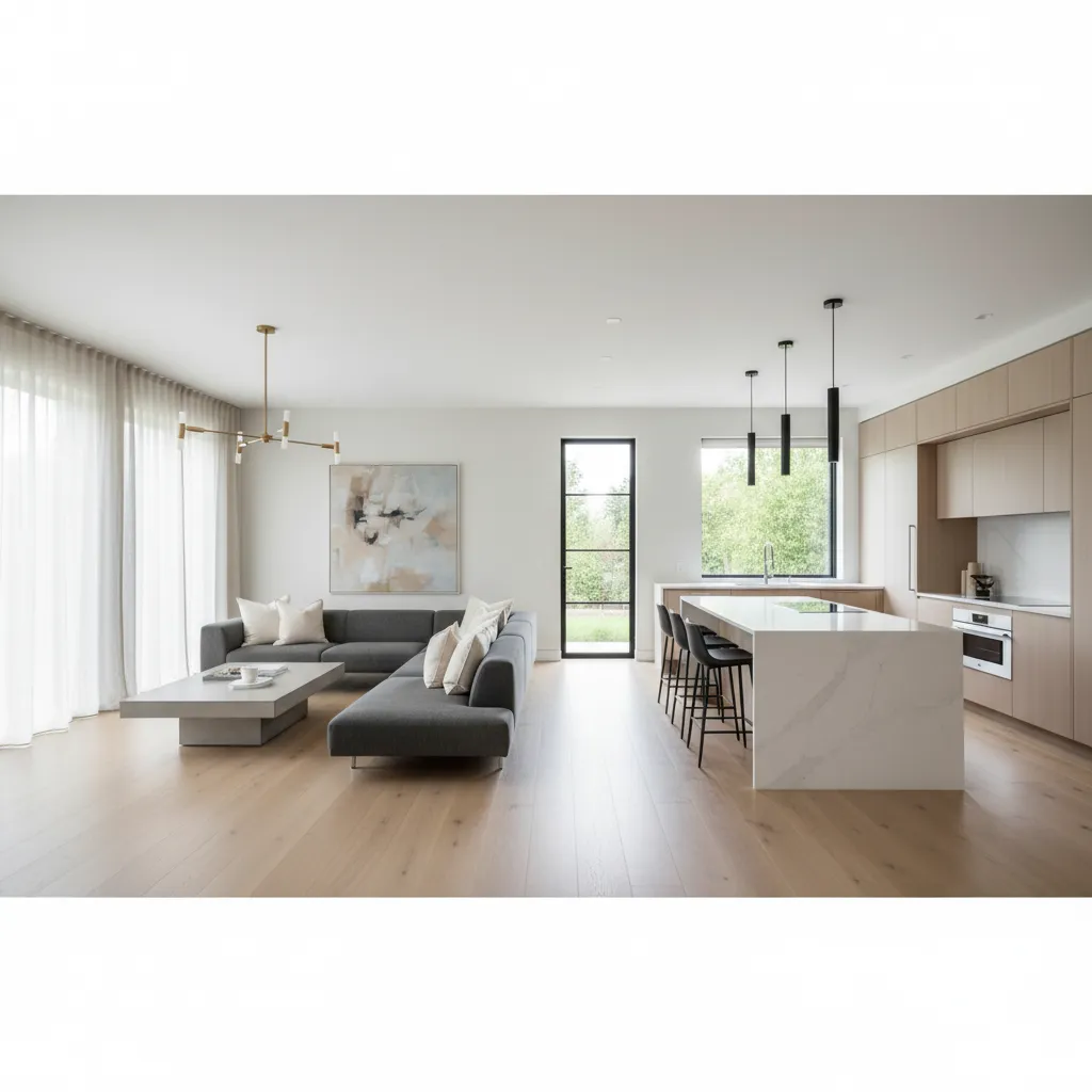 Salón con cocina abierta en una casa de 120 metros cuadrados