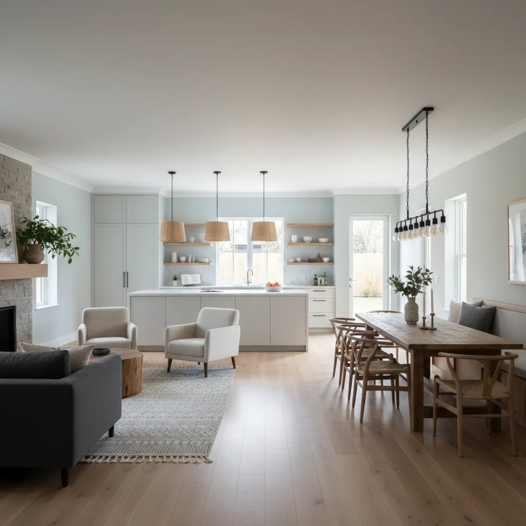 Salón y cocina abierta en una casa moderna de 120 metros cuadrados
