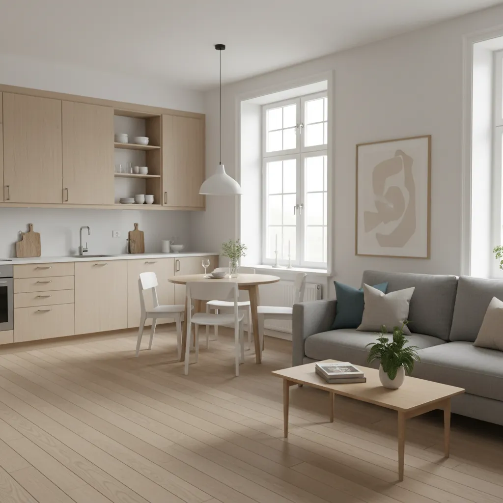 Salón con cocina abierta en una casa de 60 m2