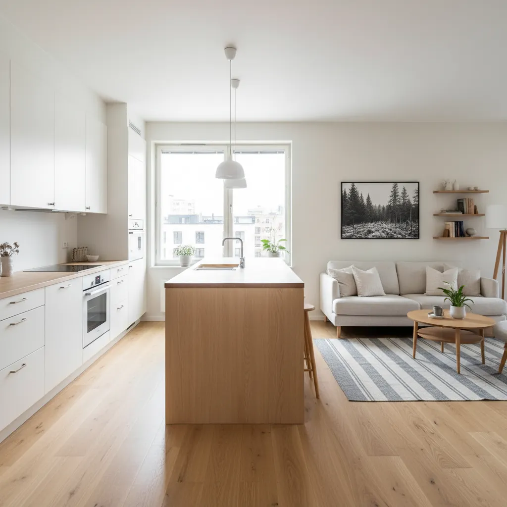 Bright modern open kitchen with wooden island and grey sofa on a striped area rug