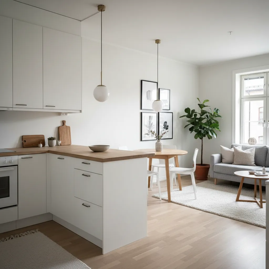 Salón y cocina abierta en apartamento pequeño moderno