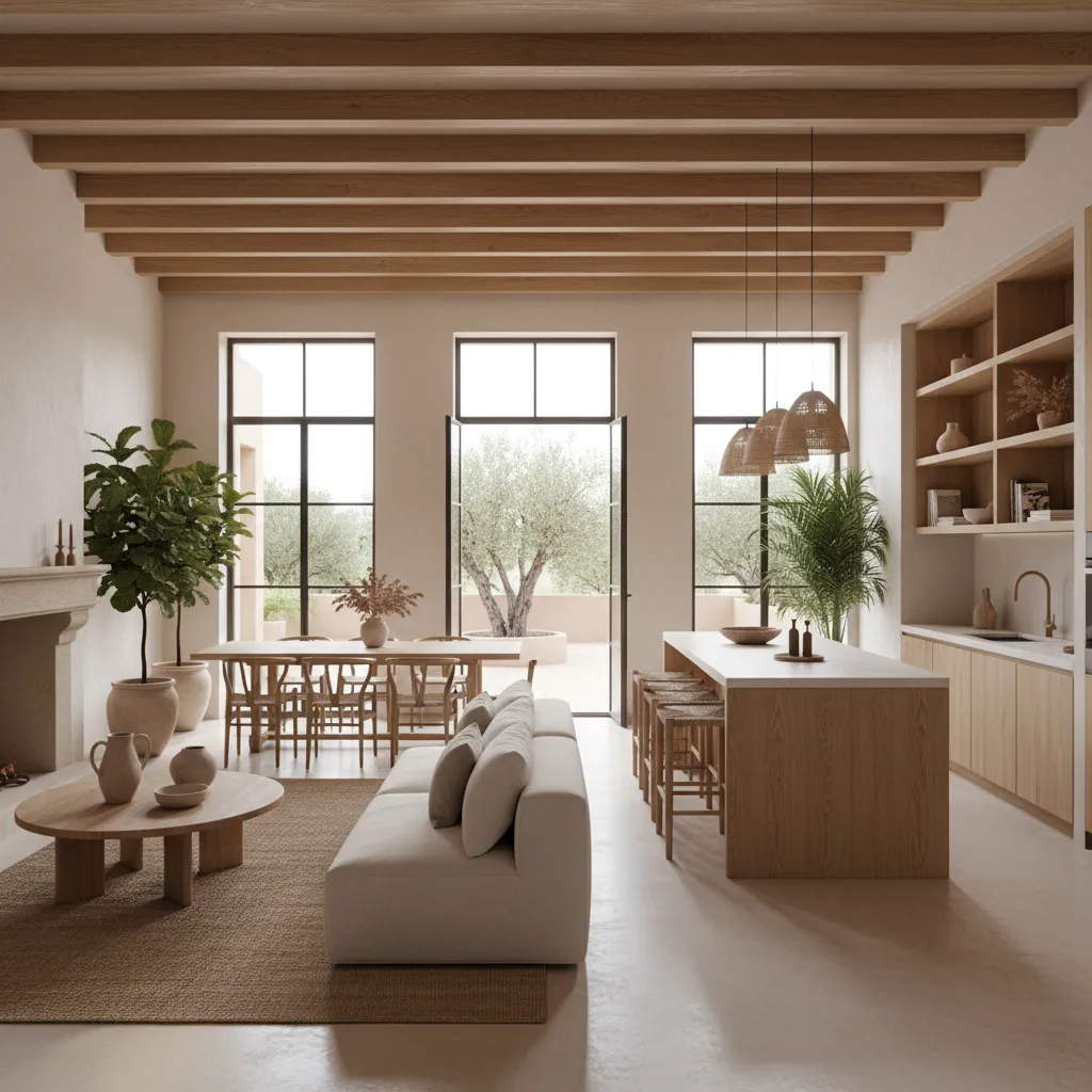 Open living room with wood beam ceiling featuring white sofa and kitchen island with cabinets