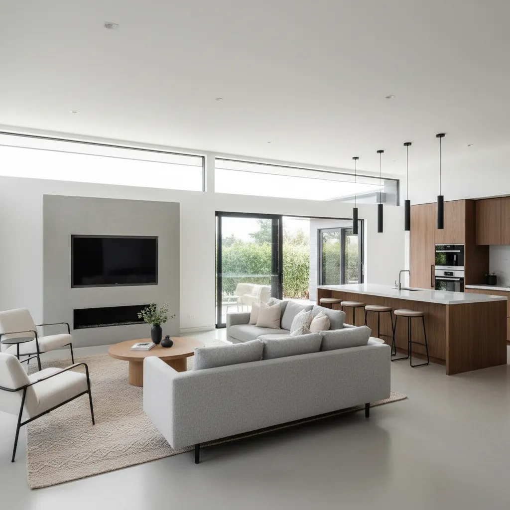 Salón y cocina abierta en casa moderna de una planta