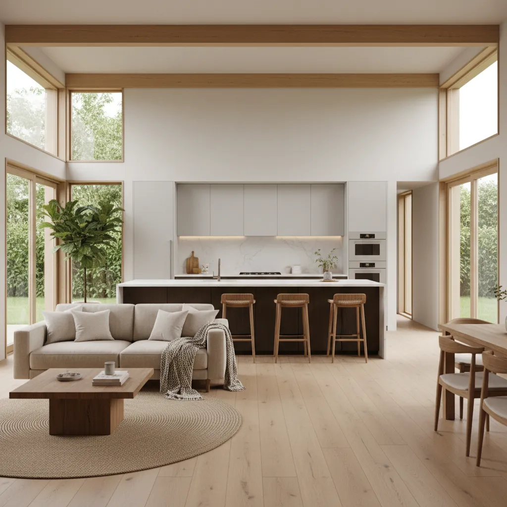 Salón y cocina abierta en una casa moderna de una planta