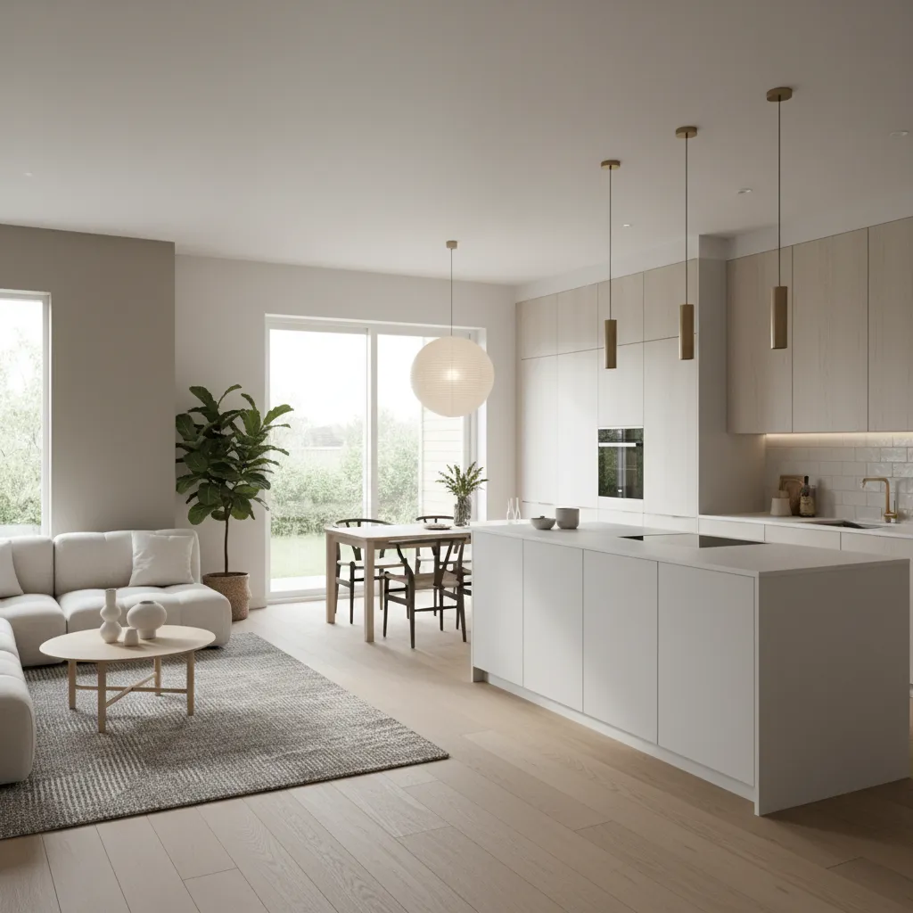 Salón y cocina abierta en una casa pareada moderna