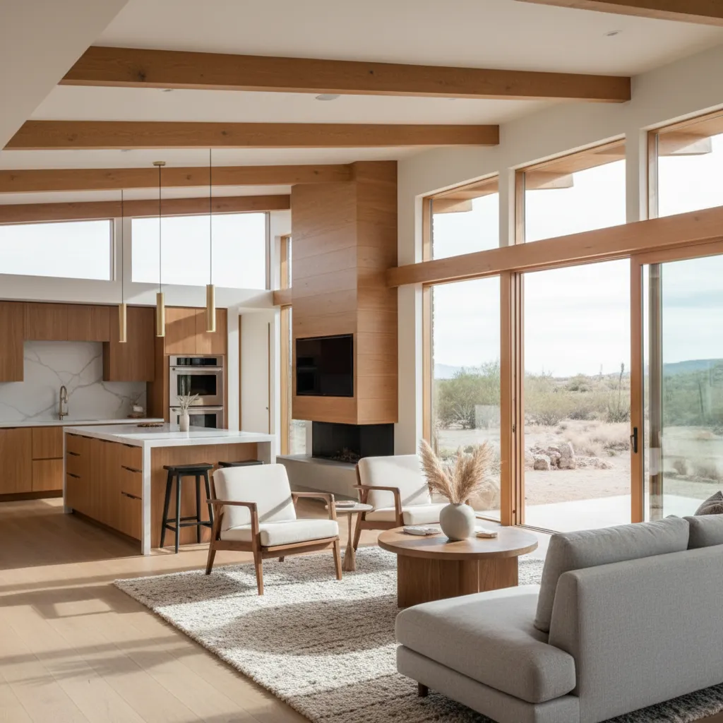 Modern open plan living room and kitchen featuring wood beams large windows and grey sofa
