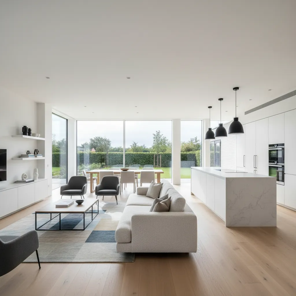 Open plan living room featuring white sofa, grey chairs, wood floor, and large garden windows