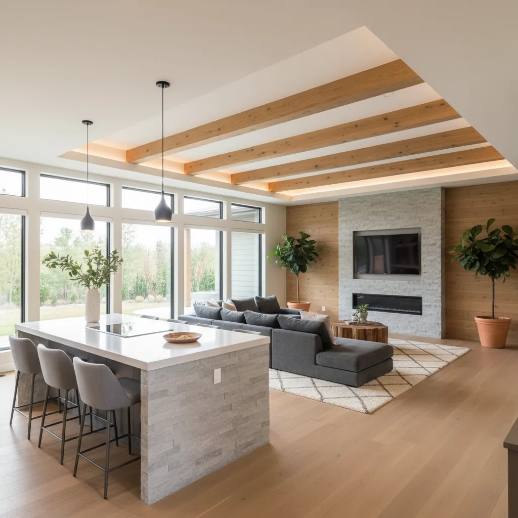 Salón con cocina abierta en una casa familiar de una planta