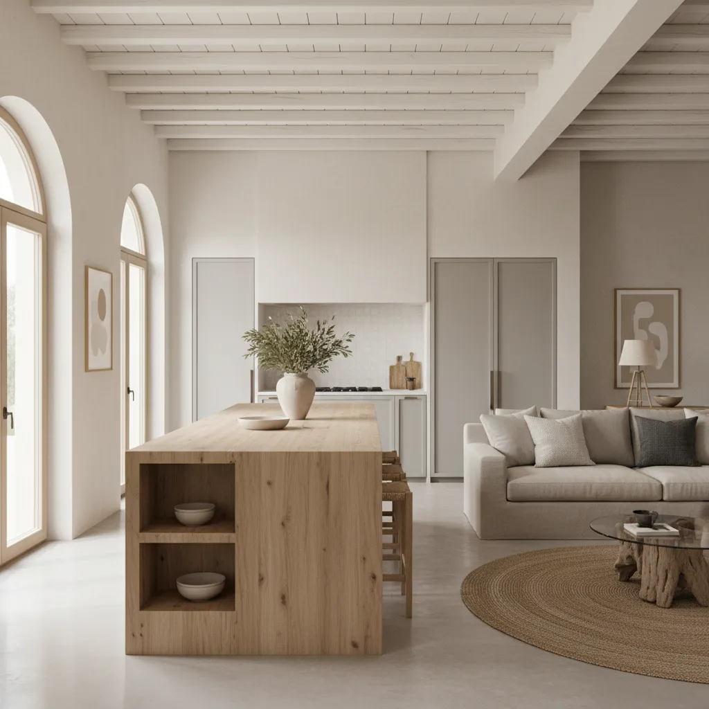 Salón con cocina abierta estilo mediterráneo moderno