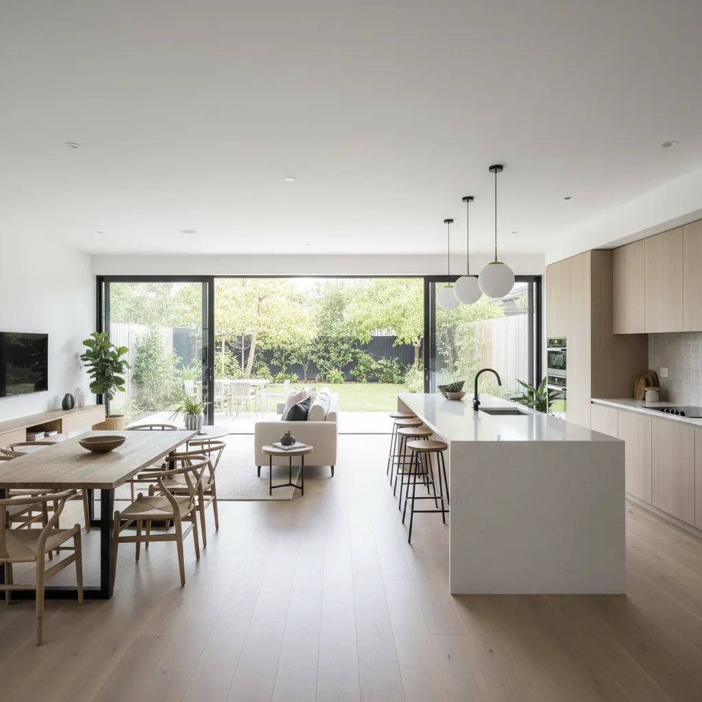 Salón con cocina abierta en casa de una planta
