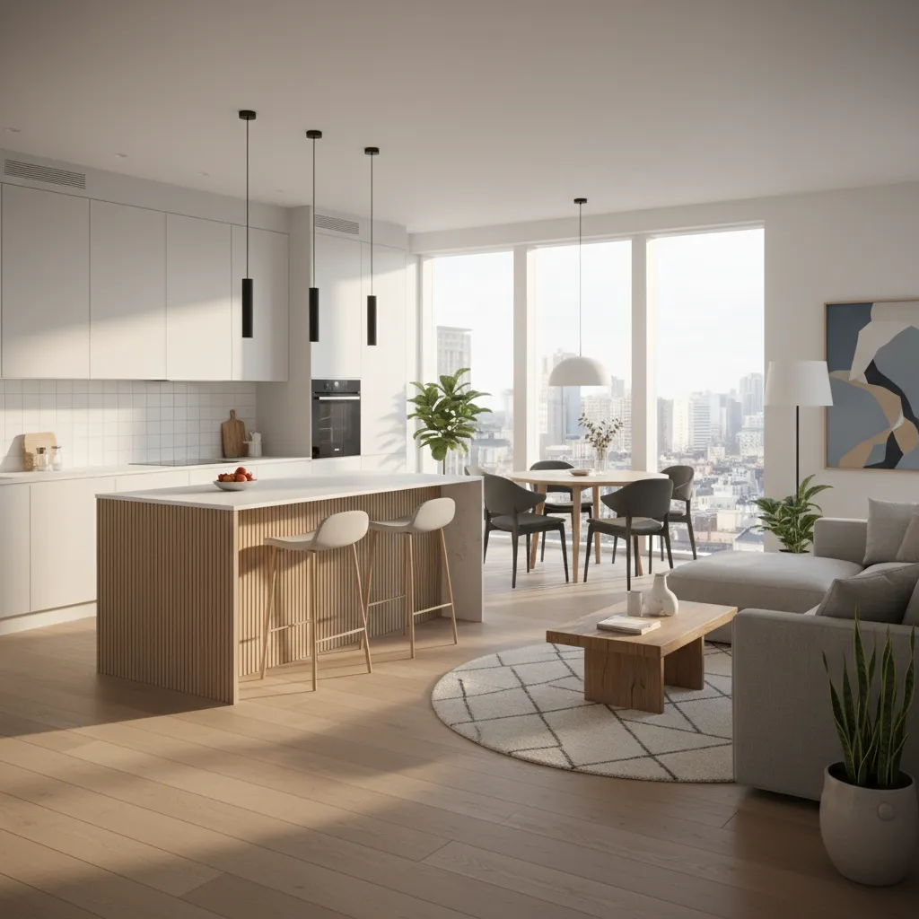 Salón comedor con cocina abierta en una vivienda moderna