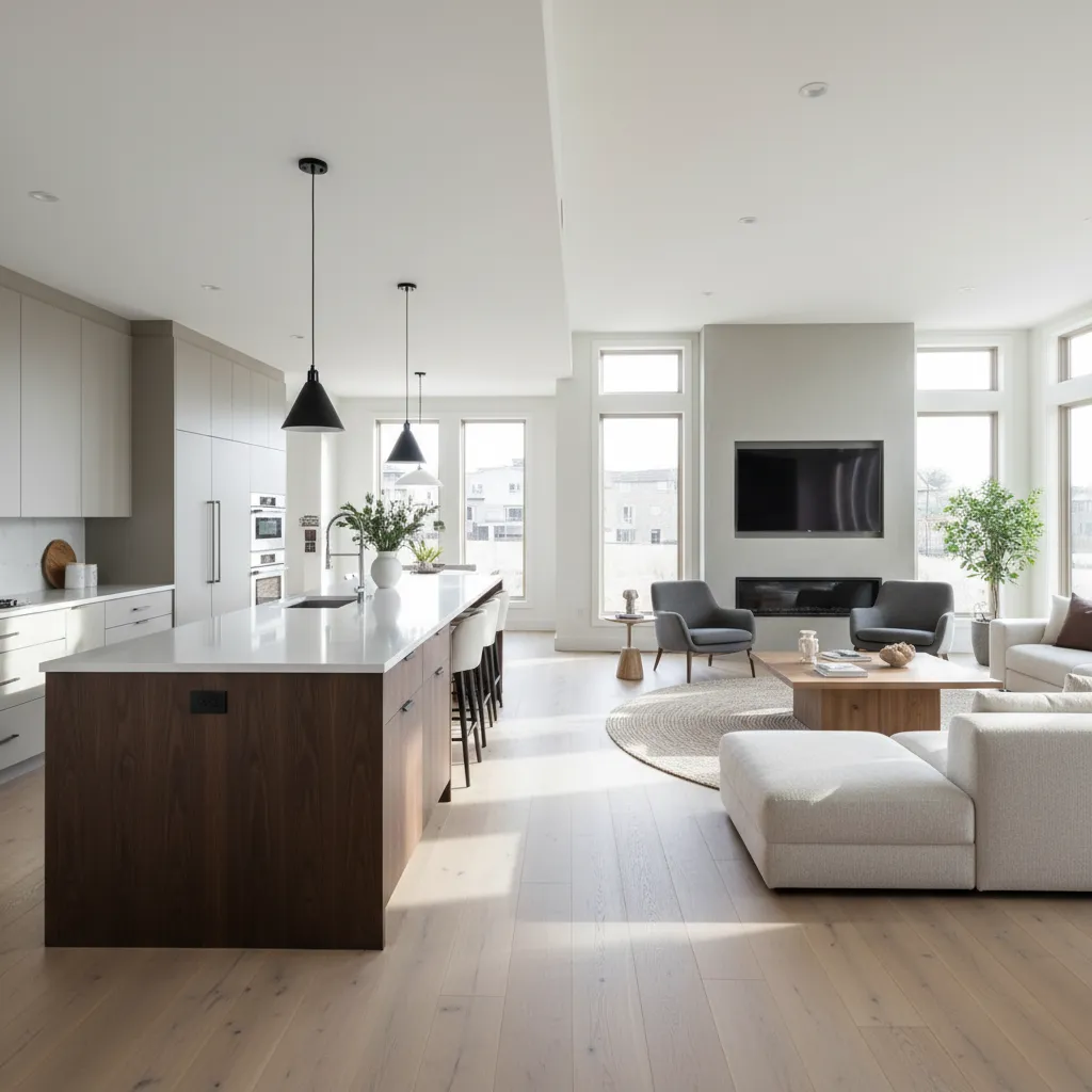 Spacious room layout with dark wood kitchen island, black light fixture, and modern living area