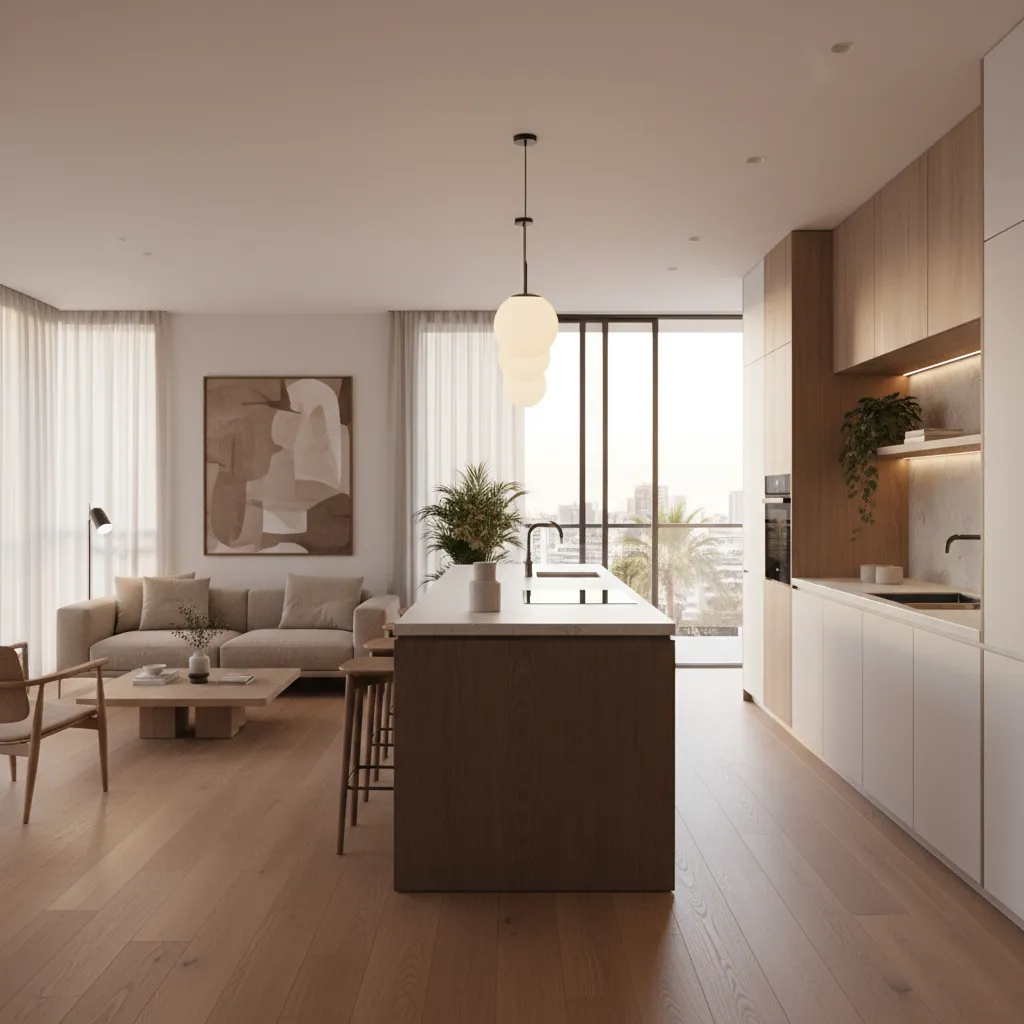 Salón conectado parcialmente con cocina en diseño contemporáneo