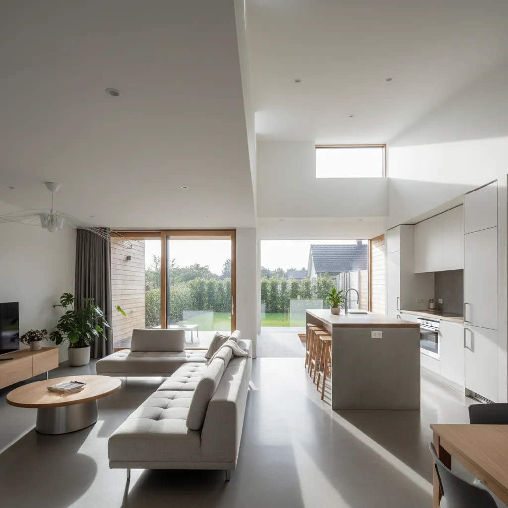 Salón y cocina con diseño abierto en vivienda accesible