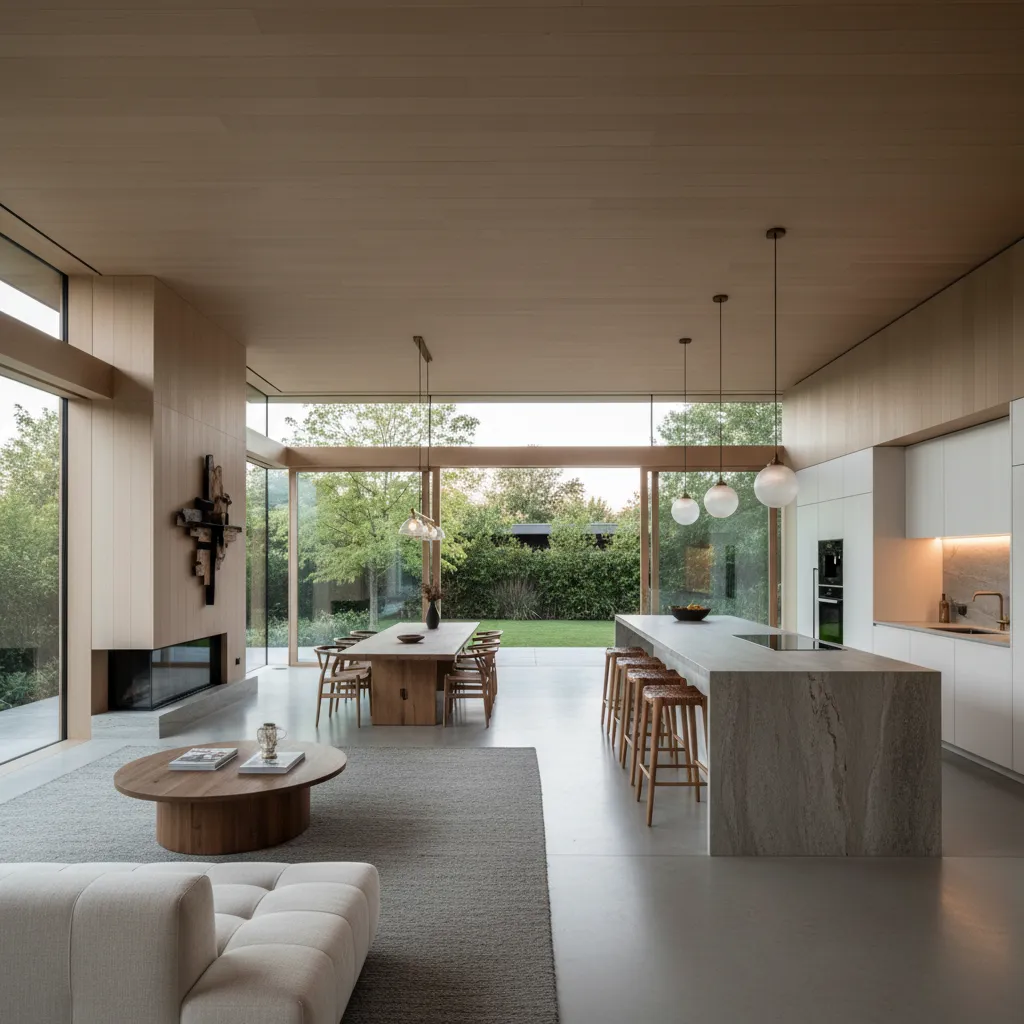 Open plan kitchen and living room featuring stone island wooden dining table and large glass windows