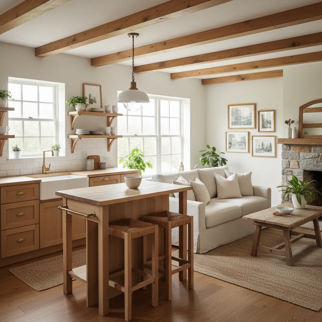 Pequeño salón‑cocina en casa rural bien optimizado