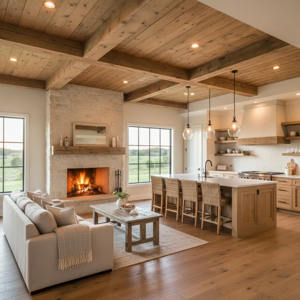 Espacio abierto de salón y cocina en estilo rústico moderno