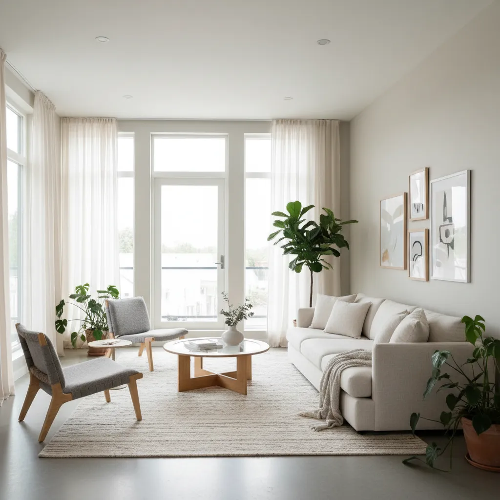Bright living room featuring white sofa two grey chairs round glass coffee table and plants