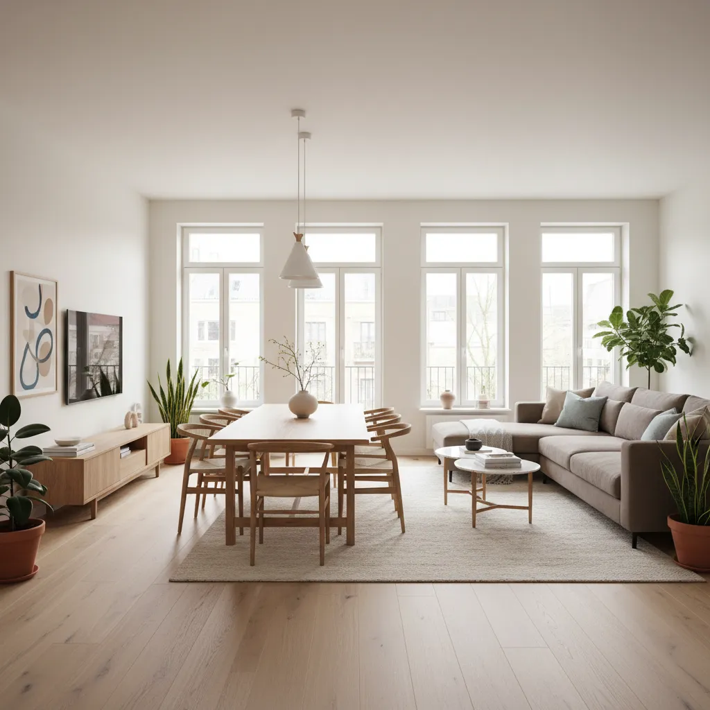 Salón comedor amplio en una casa moderna de 130 metros cuadrados