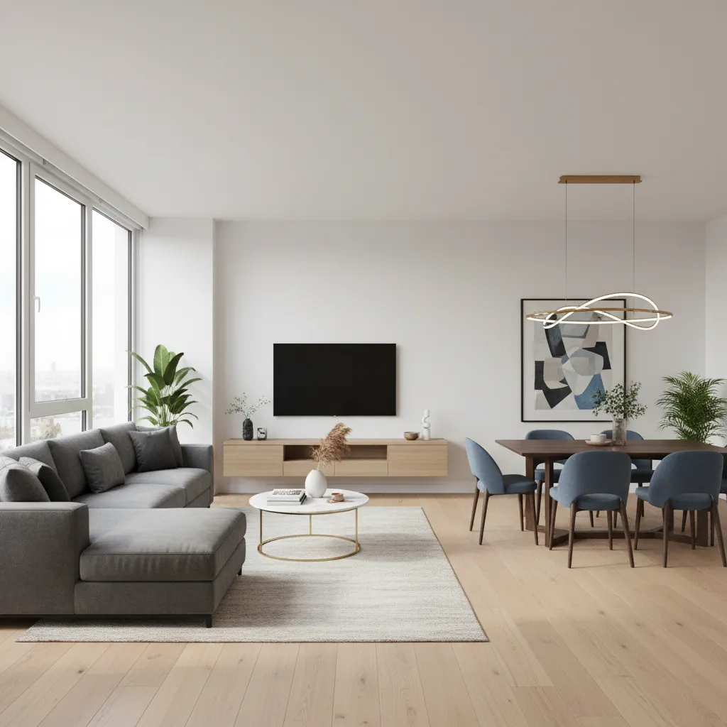 Modern open-plan living and dining room with grey sofa, wooden table, and large bright windows