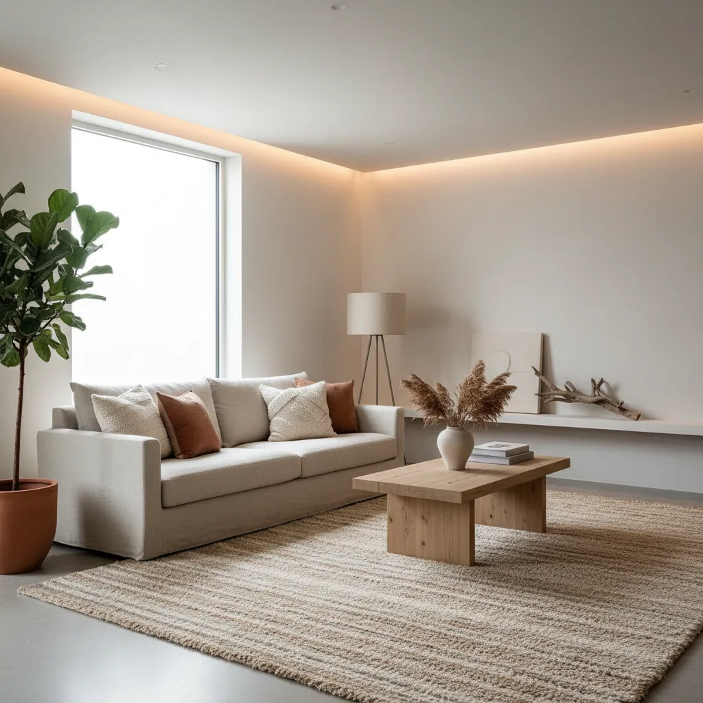 Salón moderno con alfombra grande y sofá claro