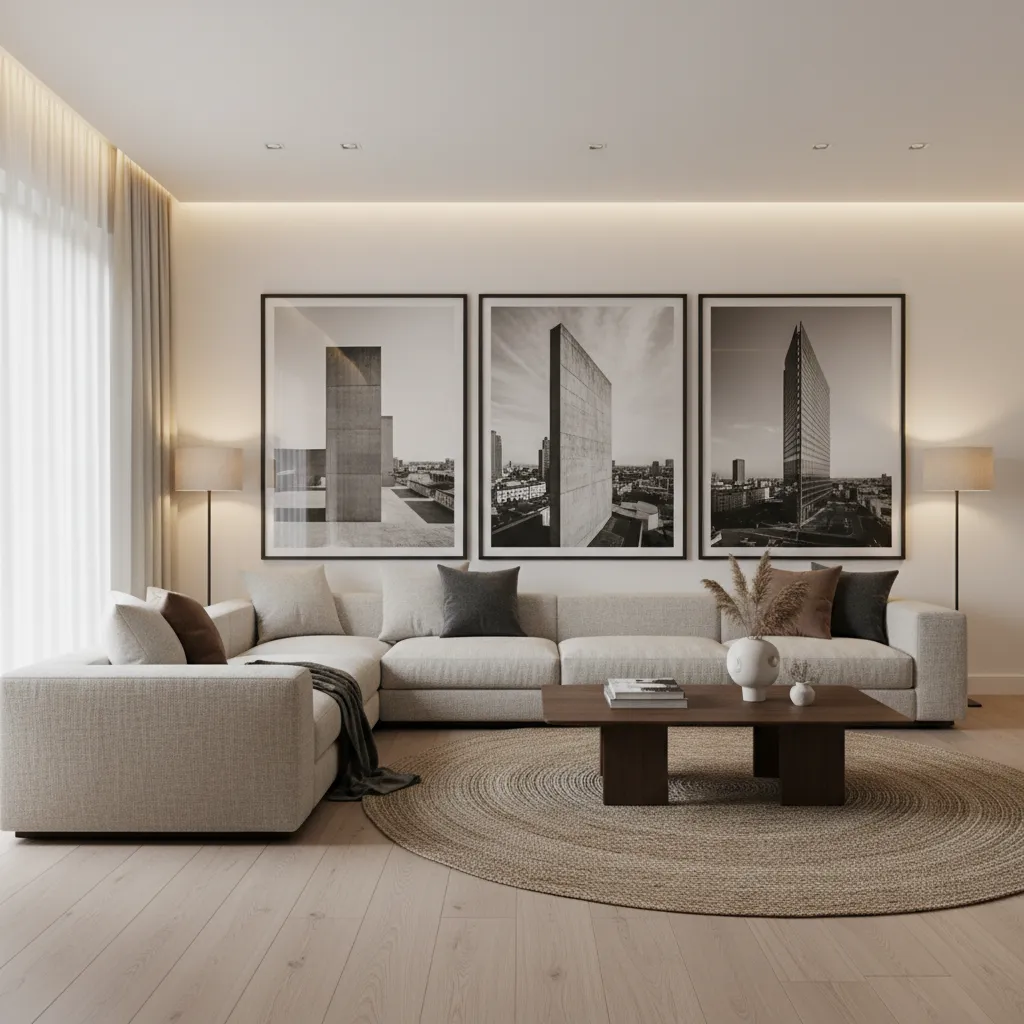Modern living room with beige sofa, wooden coffee table, round rug, and three large pictures