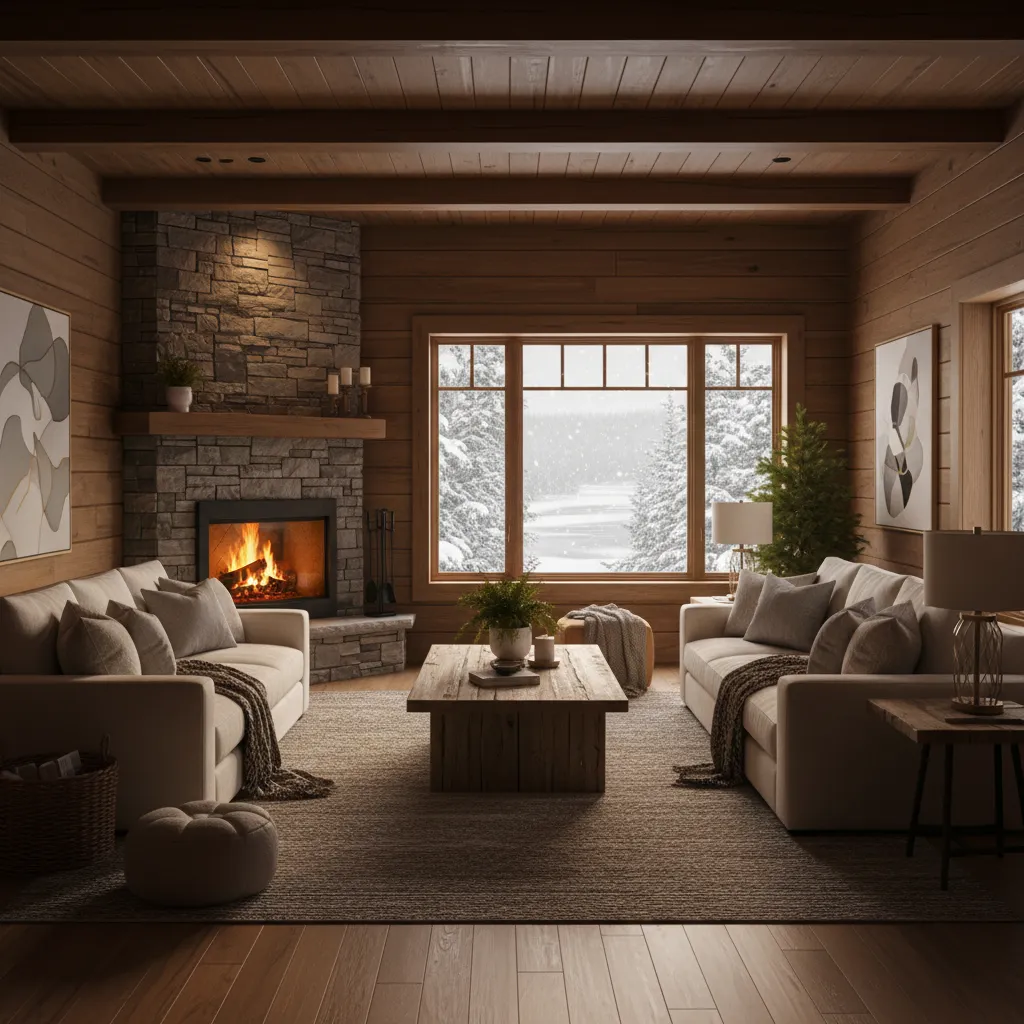 Salón con chimenea en casa de estilo canadiense