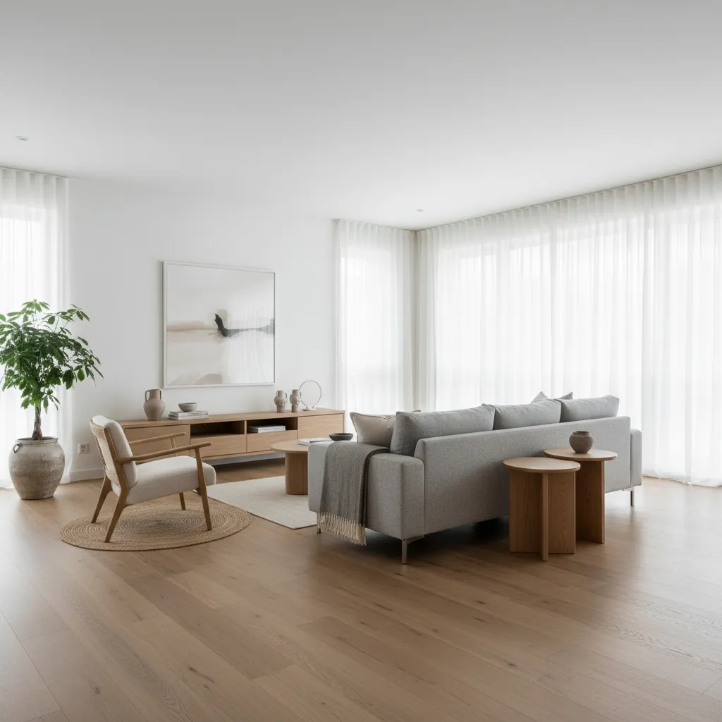 Bright living room featuring grey sofa wooden floors white curtains green plant and low cabinet