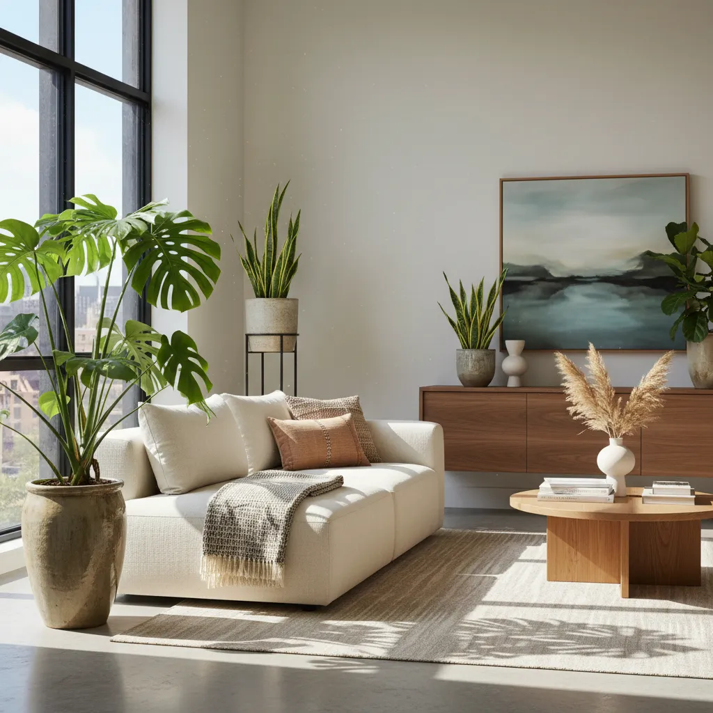 Salón luminoso con una planta monstera grande cerca de la ventana