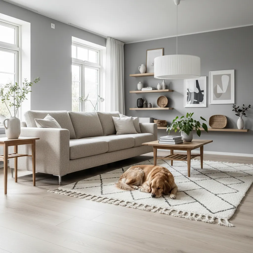 Salón con perro sobre alfombra y sofá resistente