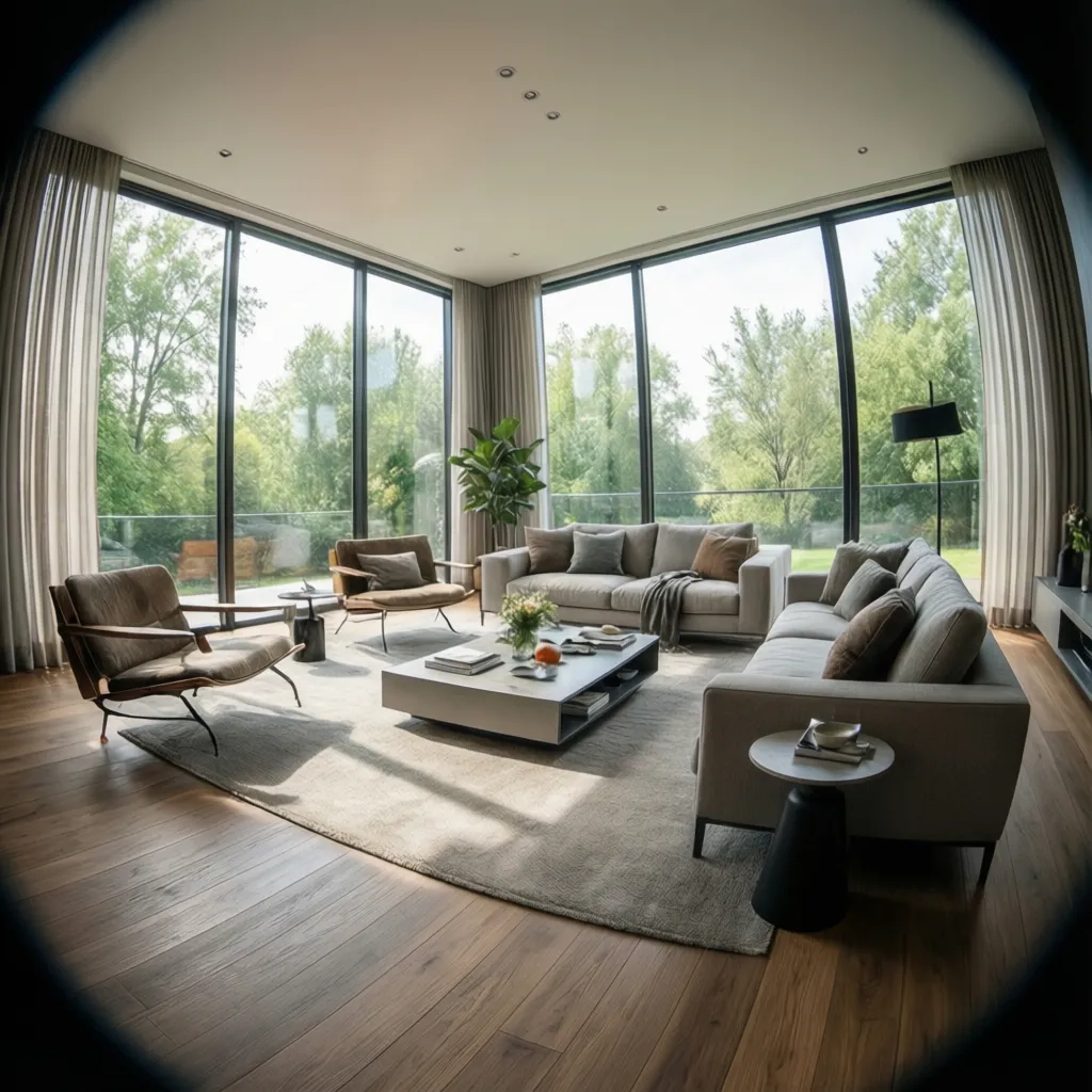 Salón con grandes ventanales en esquina que dejan entrar mucha luz natural