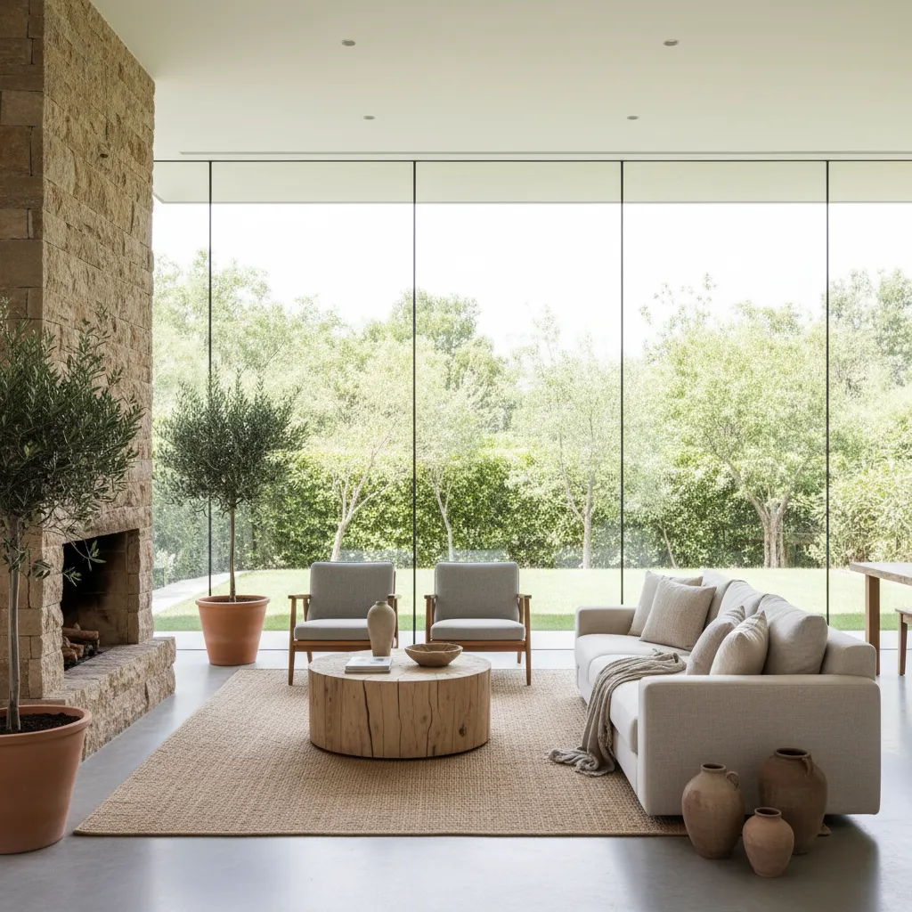 Salón moderno con grandes ventanales y vista al jardín