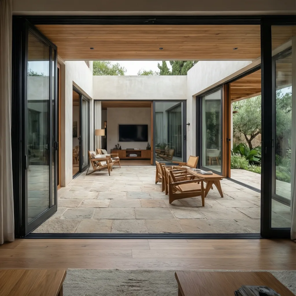 Salón moderno conectado visualmente con un patio interior mediante puertas de vidrio