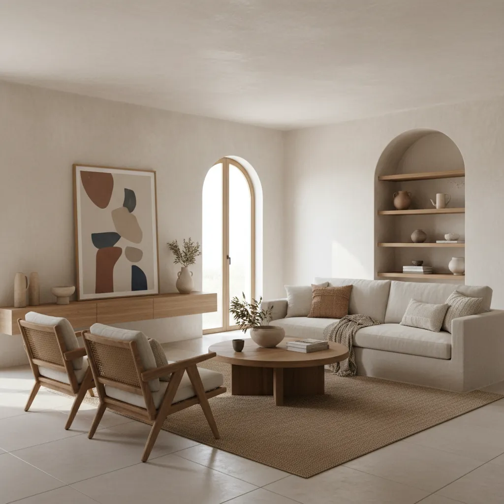 Minimalist living room featuring beige sofa wooden chairs round table arched window and wall shelves